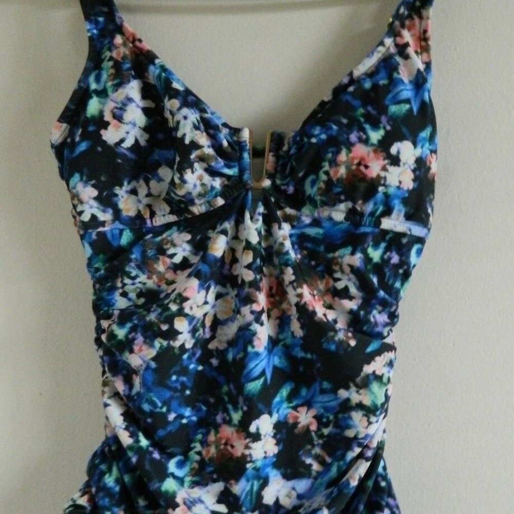 Badgley Mischka Floral Ruched Tankini Swim Top Rose Gold Hardware 6